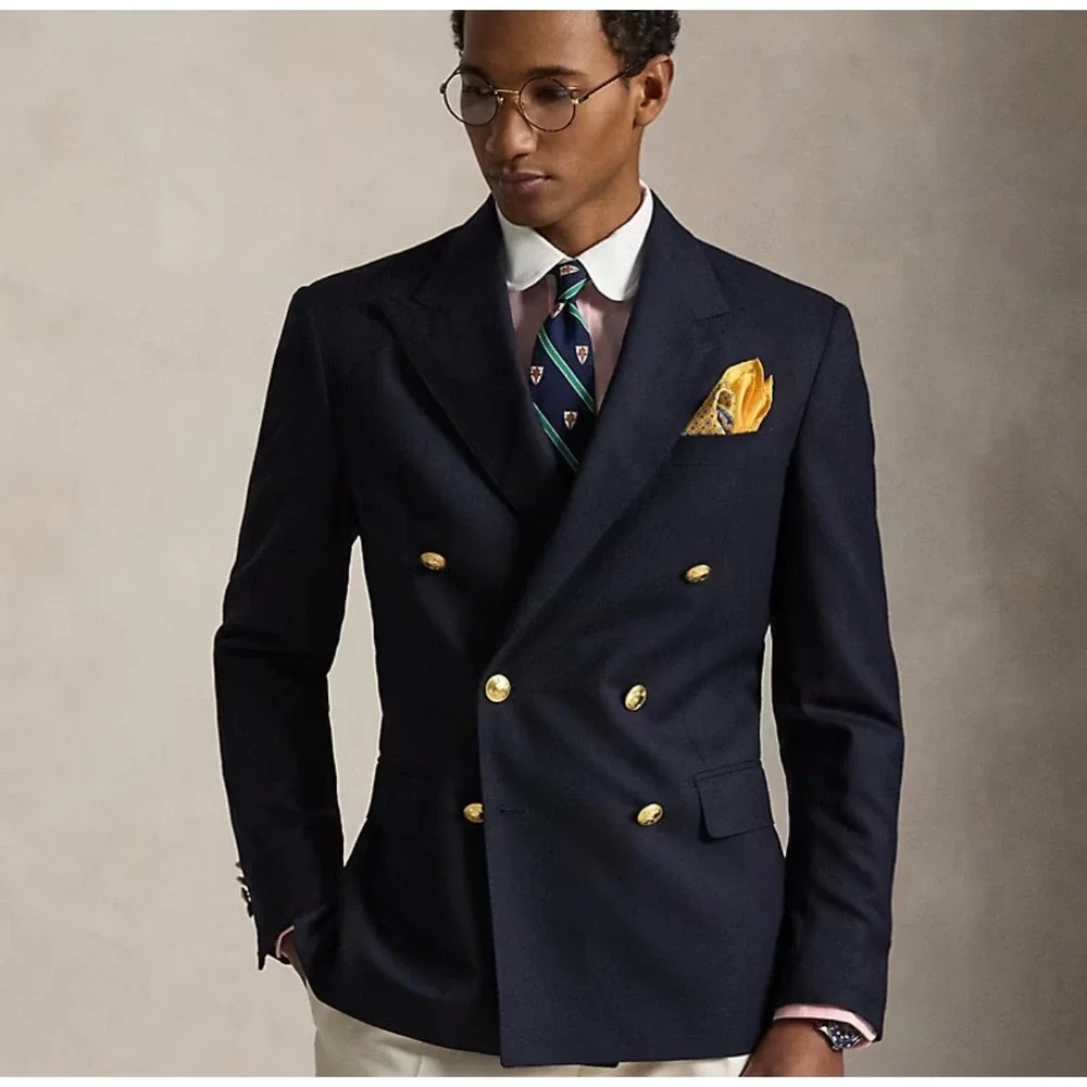 Polo Ralph Lauren Mens Navy Wool Double Breasted Blazer Gold Buttons 40L USA